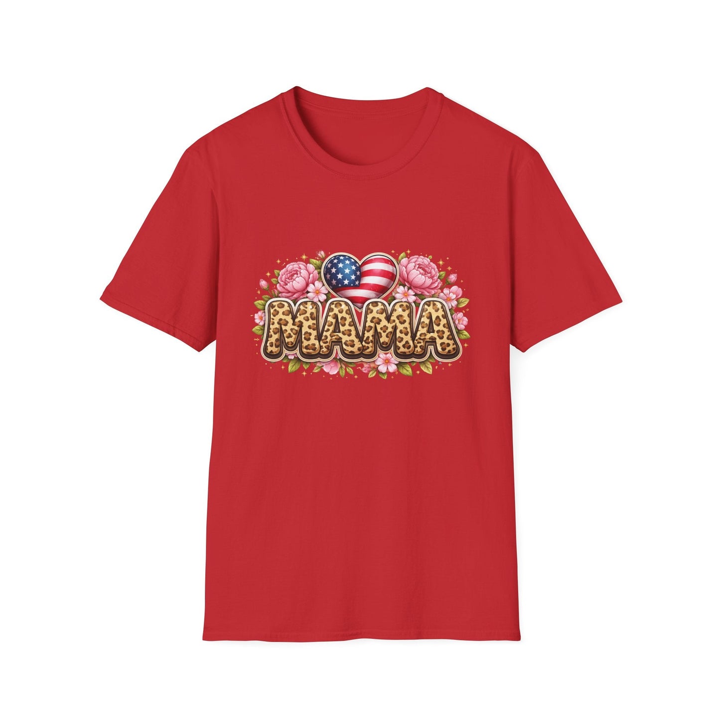 Mama Leopard Floral Tee with American Flag Hearts — Patriotic Mother's Day Shirt