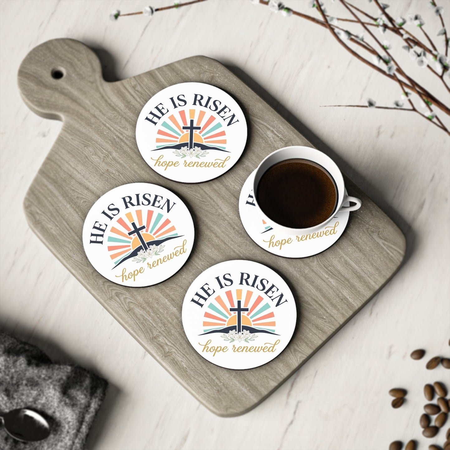 Coasters — "He Is Risen, Hope Renewed" Christian Easter Cork Coaster (Set)