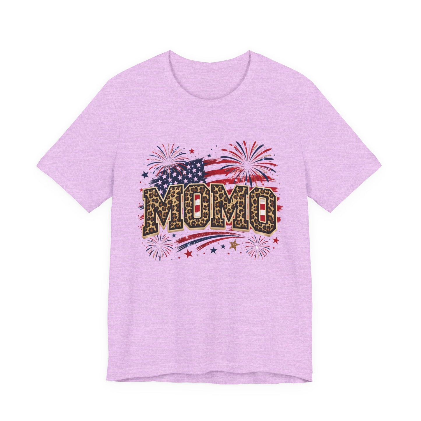 MOMO Leopard Patriotic T‑Shirt — American Flag Fireworks Graphic Tee