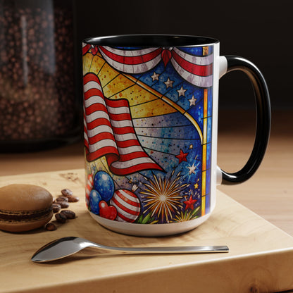 Patriotic Accent Coffee Mug — American Flag & Fireworks 15oz