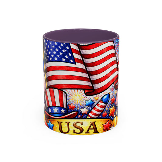 Patriotic USA Accent Coffee Mug — American Flag & Fireworks Design (11/15oz)