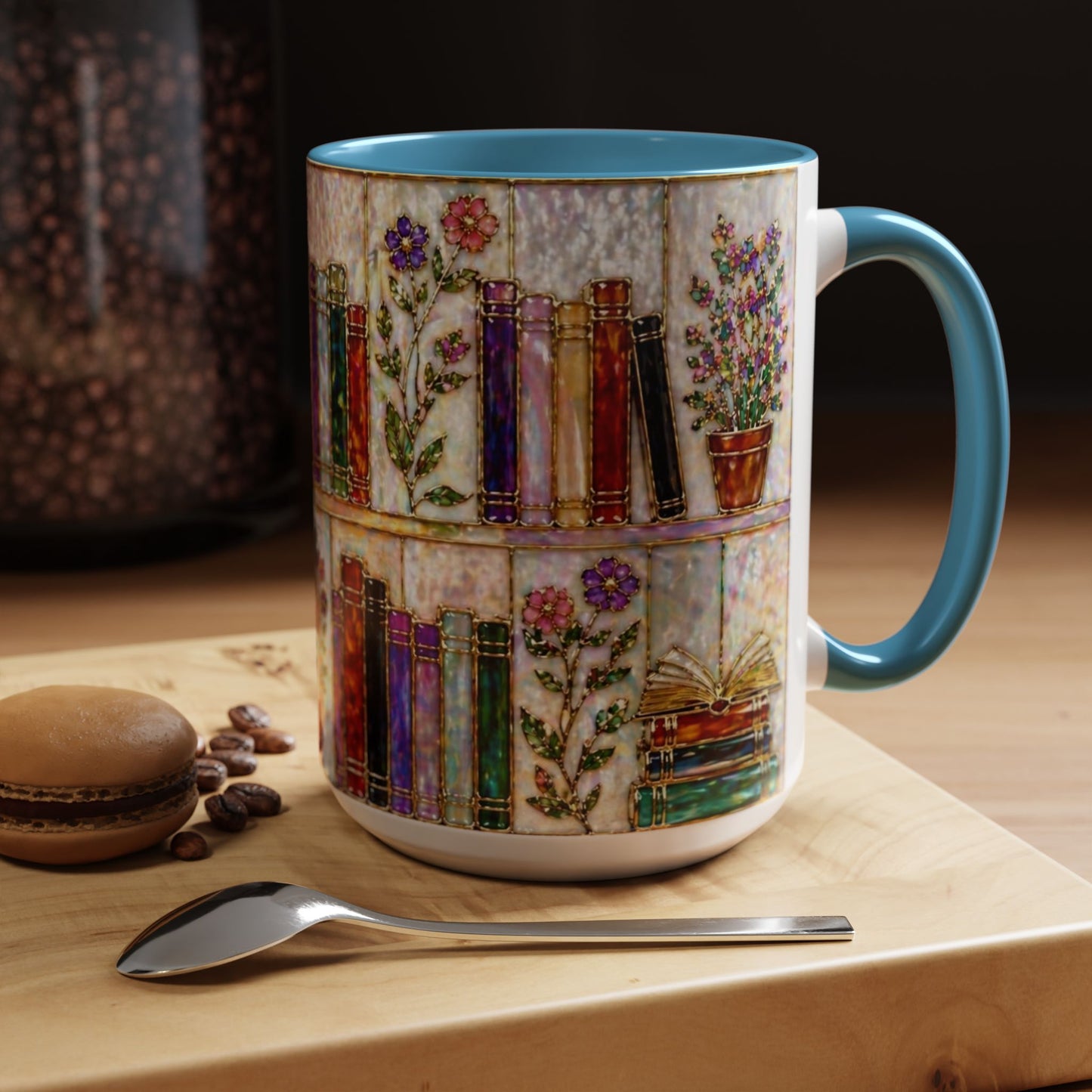 Floral Bookshelf Mug 15oz Book Lover Gift Vintage Literary Ceramic Tea Coffee Cup