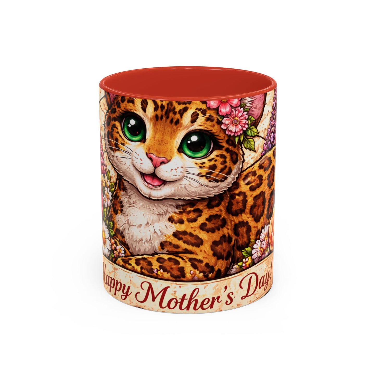 Mother's Day Cat Coffee Mug – Cute Floral Leopard Cat Accent Mug (11 oz)