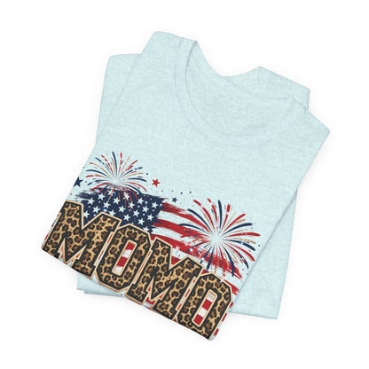 MOMO Leopard Patriotic T‑Shirt — American Flag Fireworks Graphic Tee