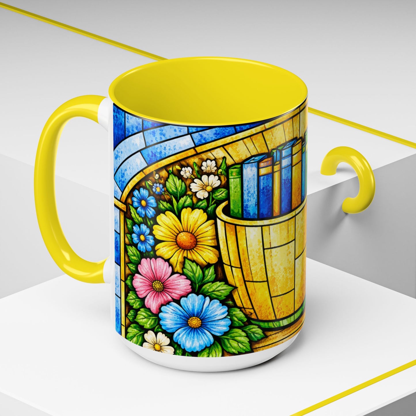 Stained Glass Garden Mug — Colorful Floral Book Basket Coffee Mug