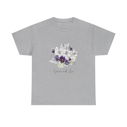 Floral 'Grow with Love' Tee — Botanical Pansy Bouquet T-Shirt
