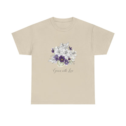 Floral 'Grow with Love' Tee — Botanical Pansy Bouquet T-Shirt