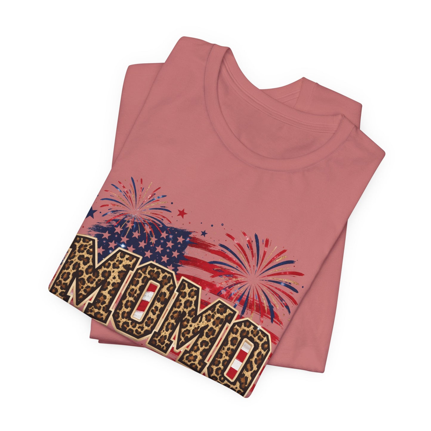 MOMO Leopard Patriotic T‑Shirt — American Flag Fireworks Graphic Tee