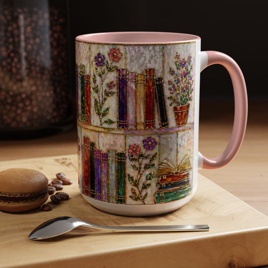 Floral Bookshelf Mug 15oz Book Lover Gift Vintage Literary Ceramic Tea Coffee Cup
