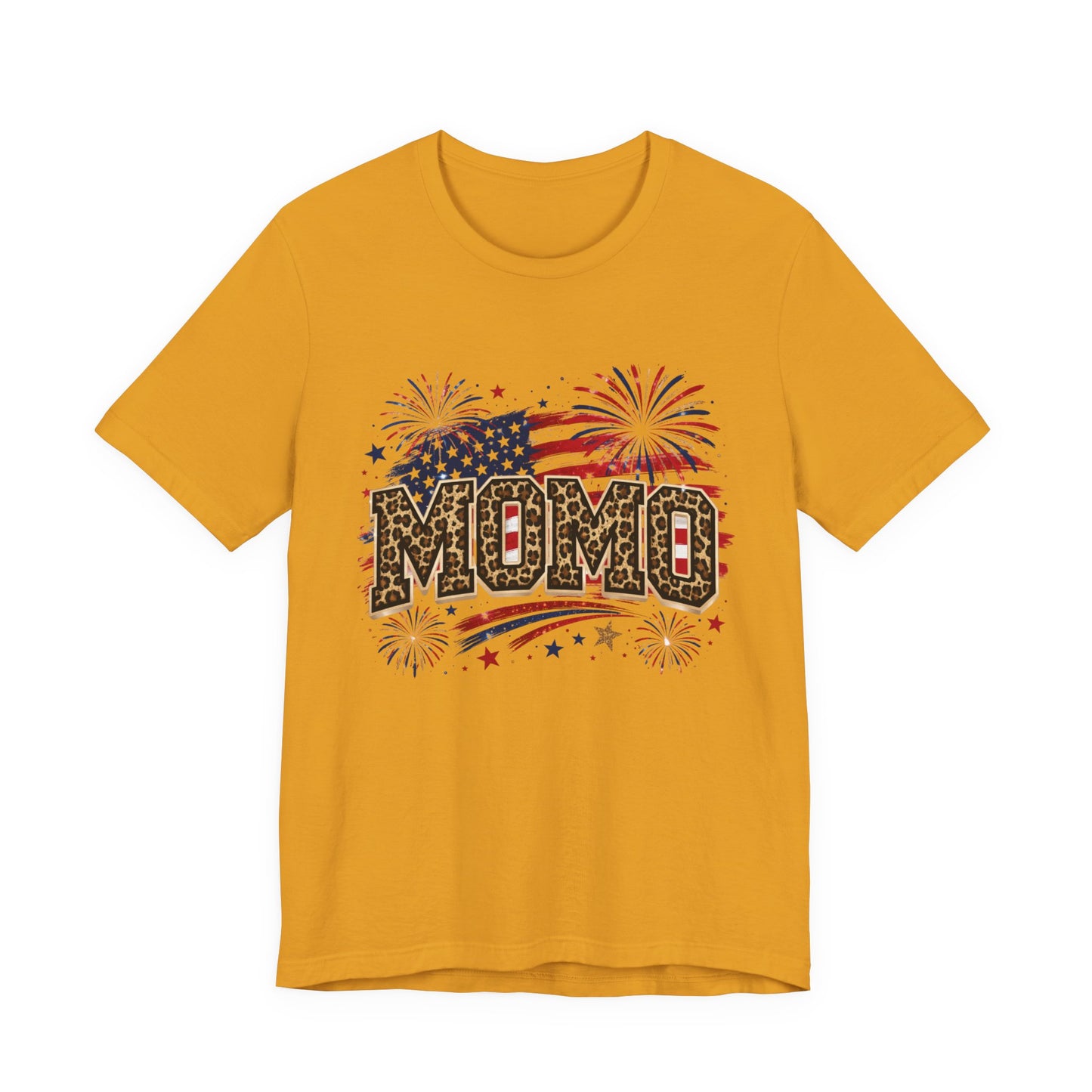 MOMO Leopard Patriotic T‑Shirt — American Flag Fireworks Graphic Tee