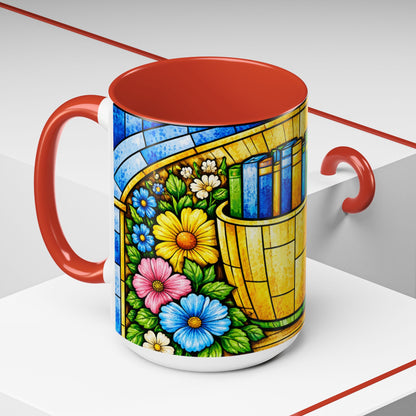 Stained Glass Garden Mug — Colorful Floral Book Basket Coffee Mug
