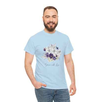 Floral 'Grow with Love' Tee — Botanical Pansy Bouquet T-Shirt
