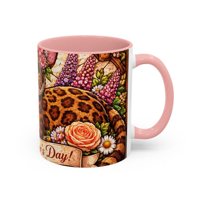 Mother's Day Cat Coffee Mug – Cute Floral Leopard Cat Accent Mug (11 oz)
