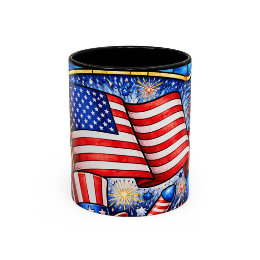 Patriotic American Flag Coffee Mug – 11/15oz Accent Mug with Fireworks & USA Design
