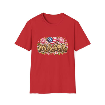 Mama Leopard Floral Tee with American Flag Hearts — Patriotic Mother's Day Shirt