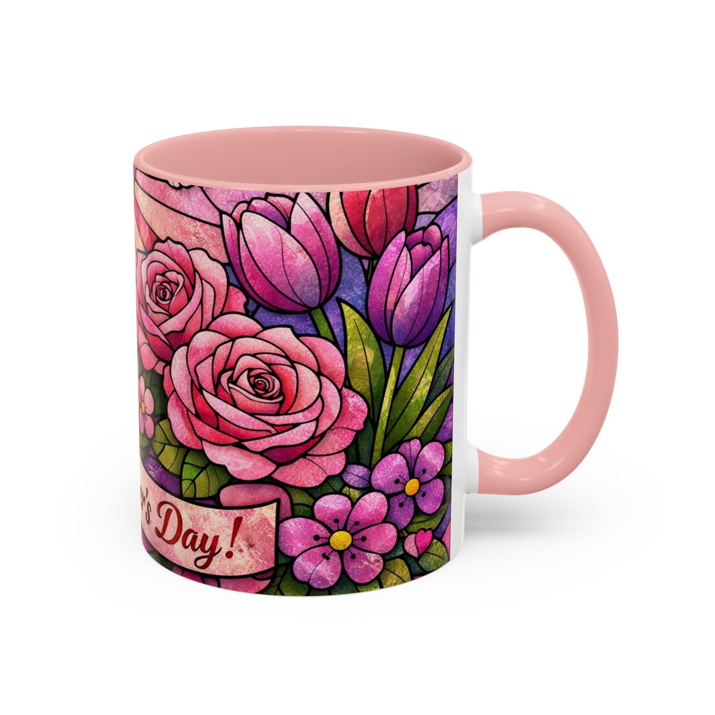 Mother's Day Floral Coffee Mug — Stained-Glass Rose Design, Unique Mom Gift (11 oz)