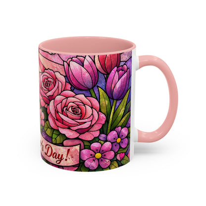 Mother's Day Floral Coffee Mug — Stained-Glass Rose Design, Unique Mom Gift (11 oz)