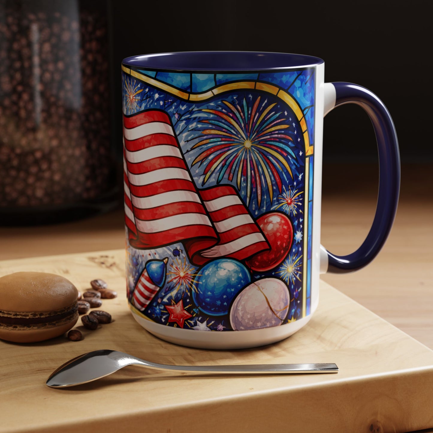 Patriotic American Flag Coffee Mug – Accent Mug with Fireworks & USA Design