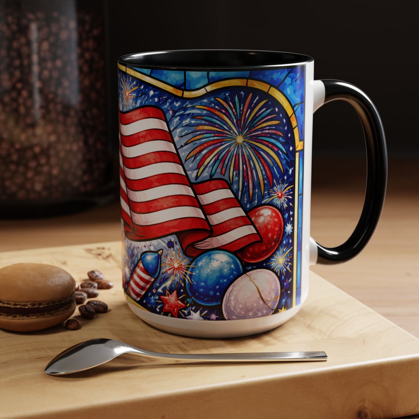 Patriotic American Flag Coffee Mug – Accent Mug with Fireworks & USA Design