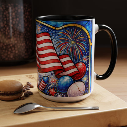 Patriotic American Flag Coffee Mug – Accent Mug with Fireworks & USA Design