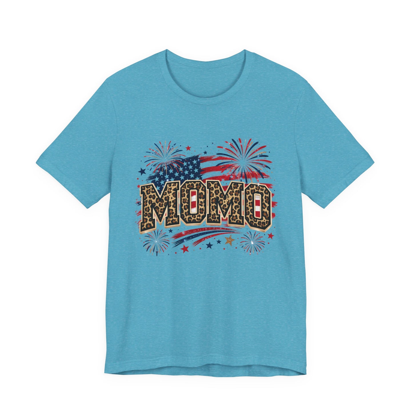 MOMO Leopard Patriotic T‑Shirt — American Flag Fireworks Graphic Tee