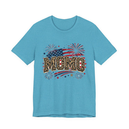MOMO Leopard Patriotic T‑Shirt — American Flag Fireworks Graphic Tee