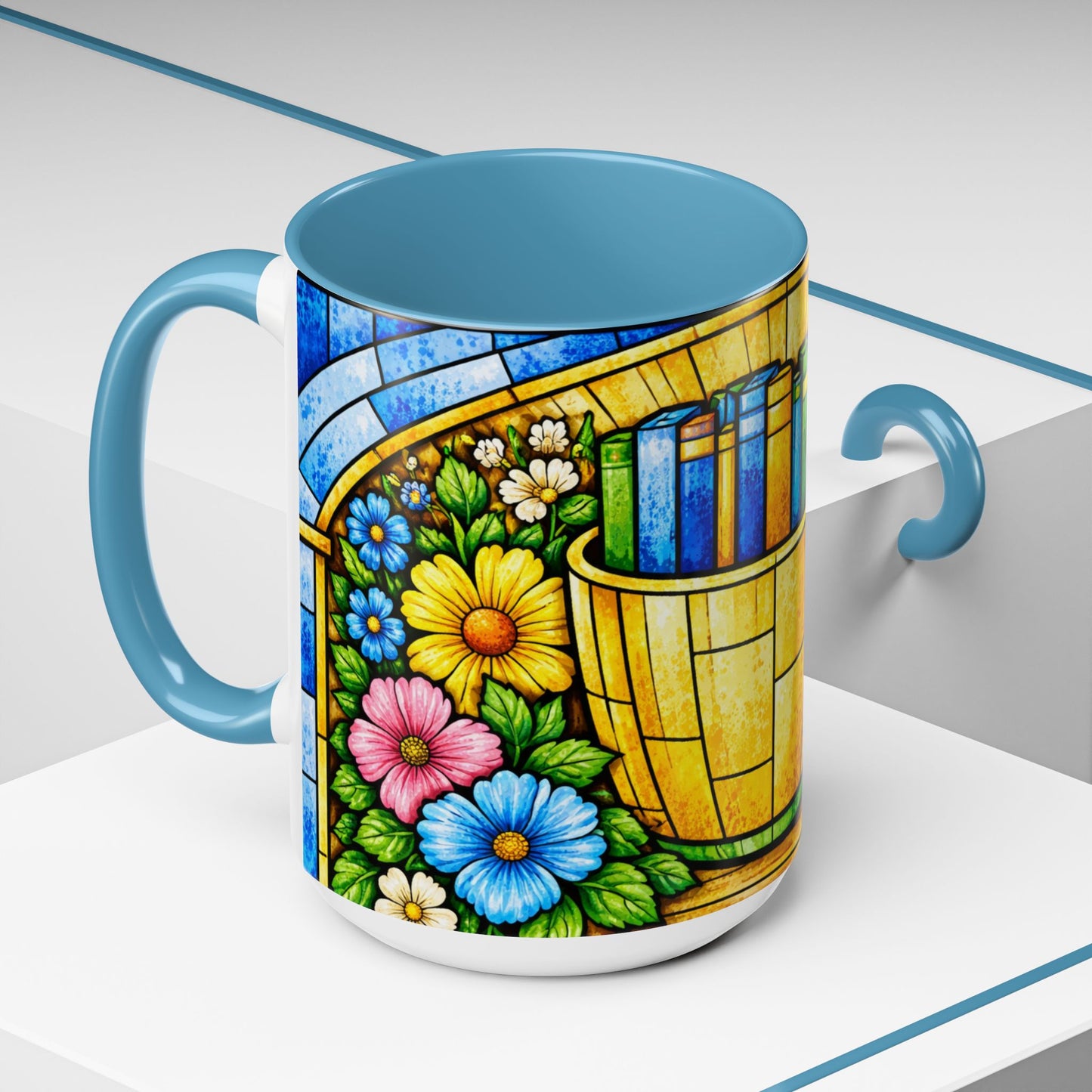 Stained Glass Garden Mug — Colorful Floral Book Basket Coffee Mug
