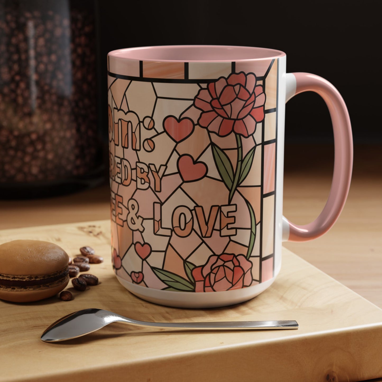 Mother's Day Mom Mug 15oz Powered by Coffee Love Stained Glass Accent Cup Gift