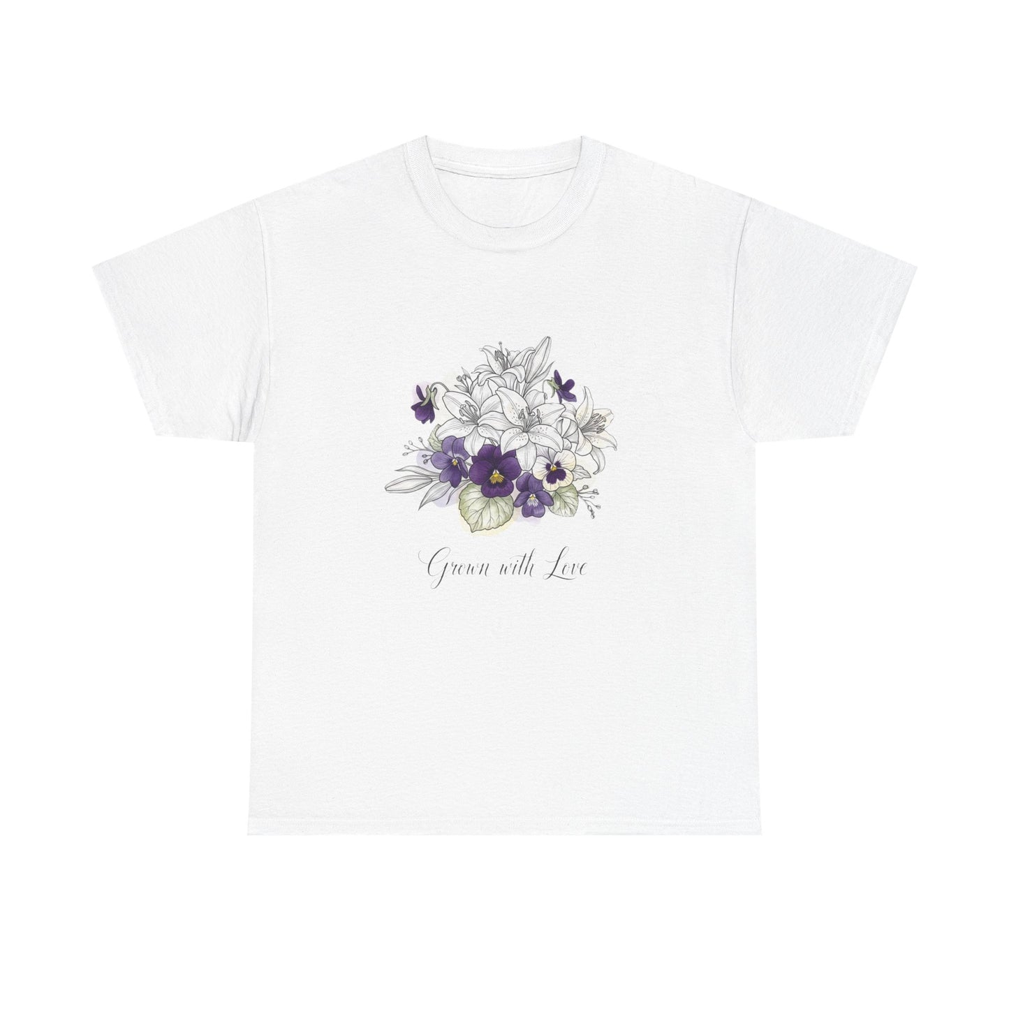 Floral 'Grow with Love' Tee — Botanical Pansy Bouquet T-Shirt