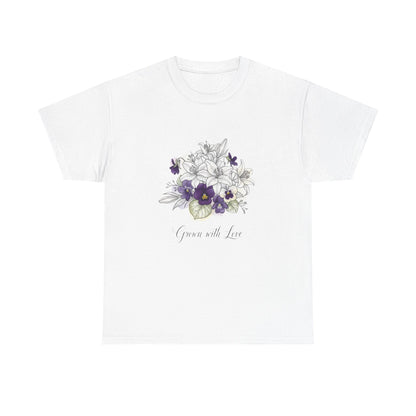 Floral 'Grow with Love' Tee — Botanical Pansy Bouquet T-Shirt
