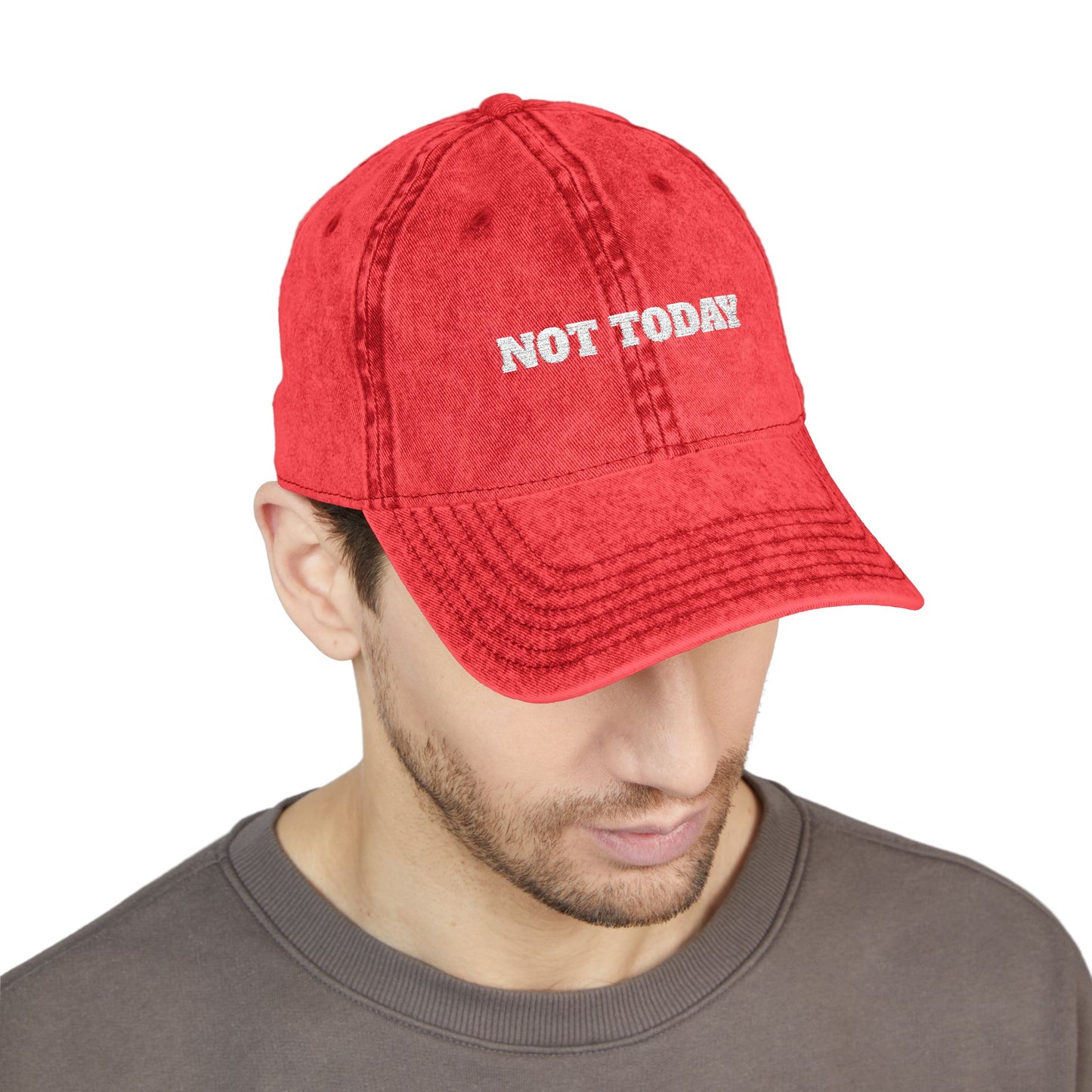 Not Today Embroidered Vintage Cap — Distressed Red Dad Hat Funny Slogan