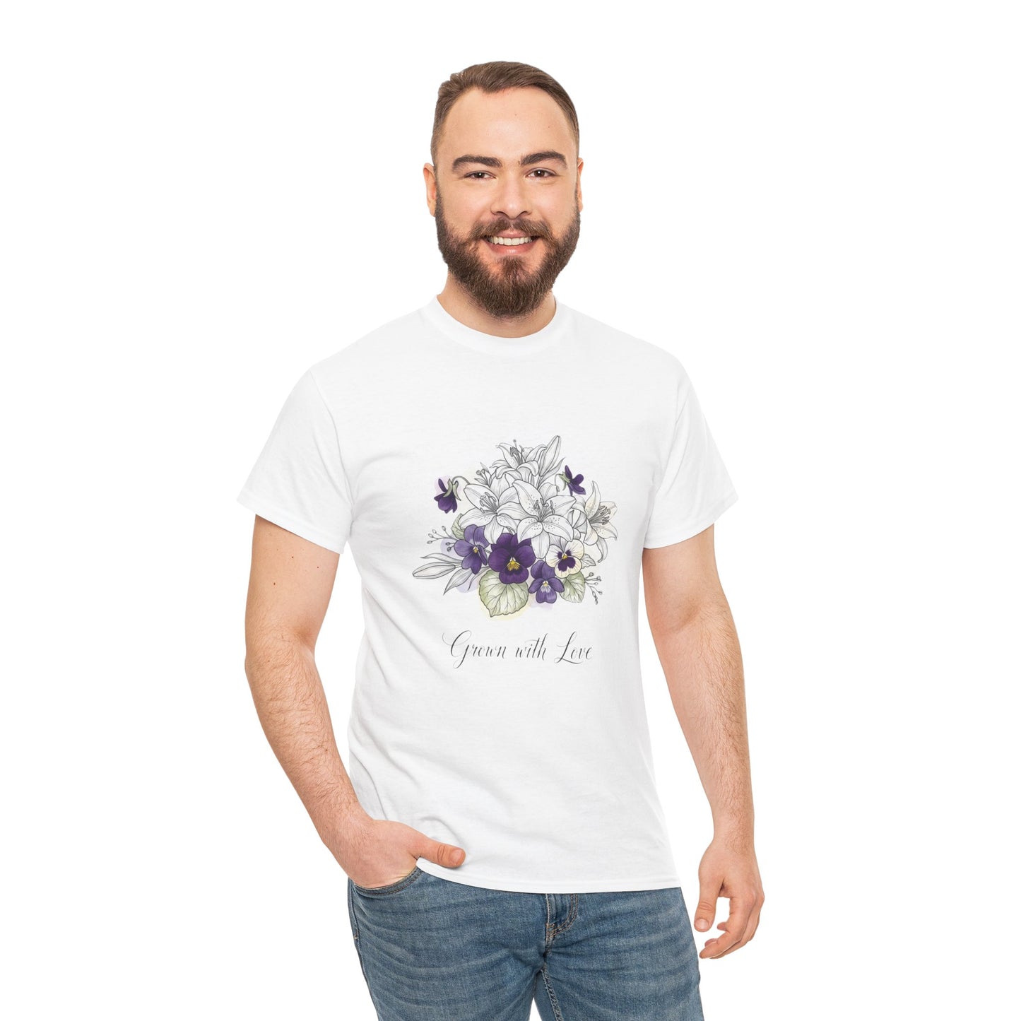 Floral 'Grow with Love' Tee — Botanical Pansy Bouquet T-Shirt