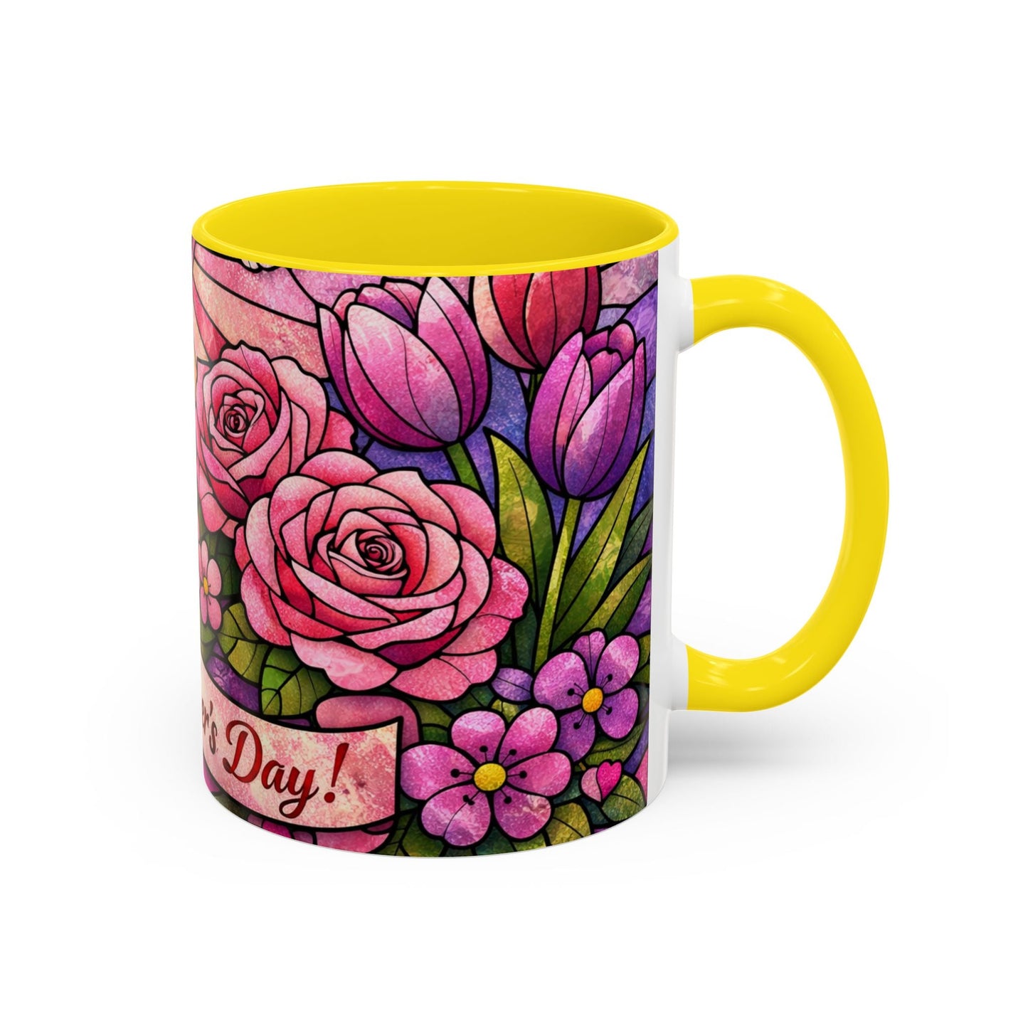 Mother's Day Floral Coffee Mug — Stained-Glass Rose Design, Unique Mom Gift (11 oz)