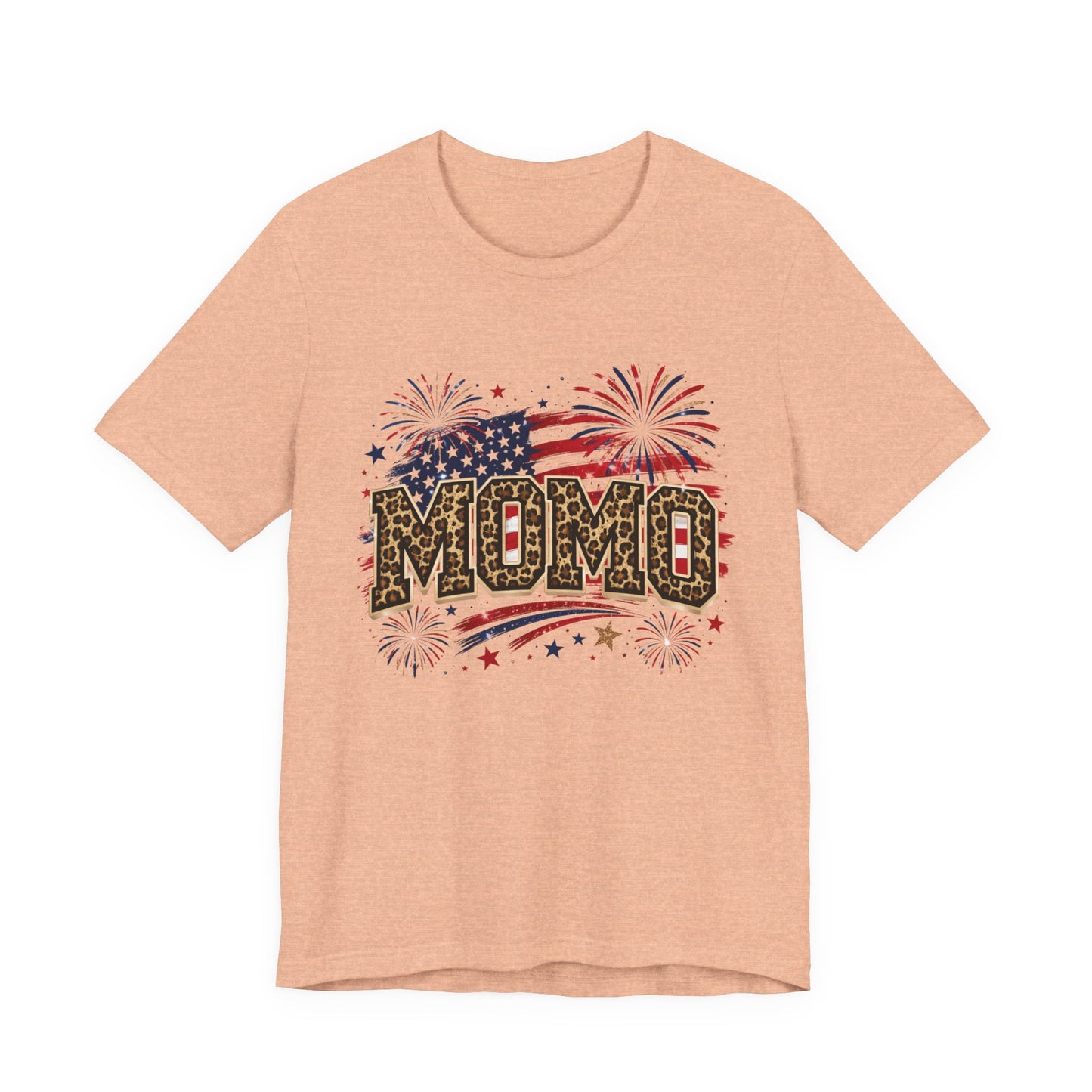 MOMO Leopard Patriotic T‑Shirt — American Flag Fireworks Graphic Tee