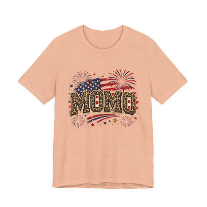 MOMO Leopard Patriotic T‑Shirt — American Flag Fireworks Graphic Tee
