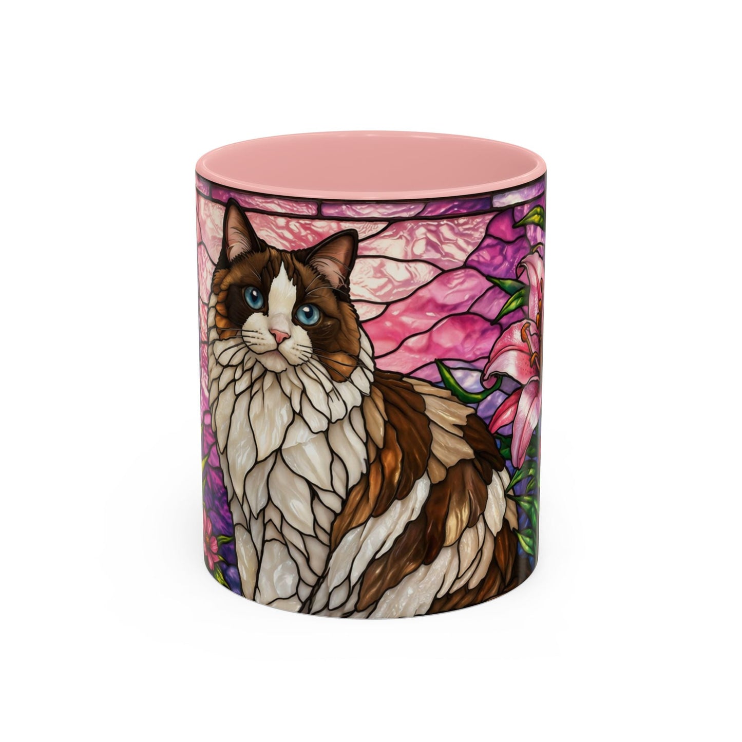 Stained Glass Ragdoll Cat Accent Coffee Mug — Floral Lily Ceramic 11/15oz