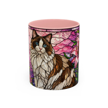Stained Glass Ragdoll Cat Accent Coffee Mug — Floral Lily Ceramic 11/15oz