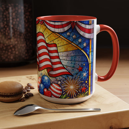 Patriotic Accent Coffee Mug — American Flag & Fireworks 15oz