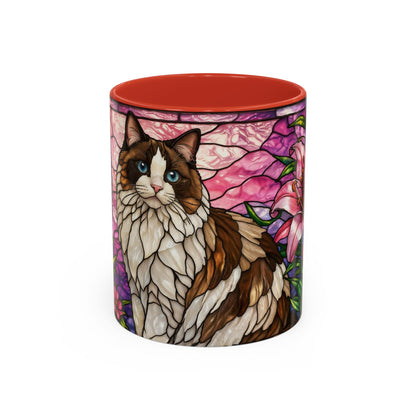 Stained Glass Ragdoll Cat Accent Coffee Mug — Floral Lily Ceramic 11/15oz