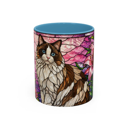 Stained Glass Ragdoll Cat Accent Coffee Mug — Floral Lily Ceramic 11/15oz