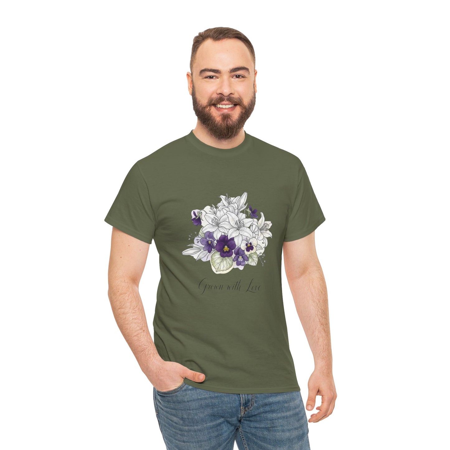 Floral 'Grow with Love' Tee — Botanical Pansy Bouquet T-Shirt