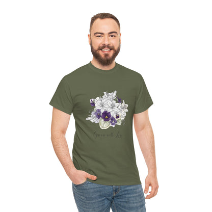 Floral 'Grow with Love' Tee — Botanical Pansy Bouquet T-Shirt