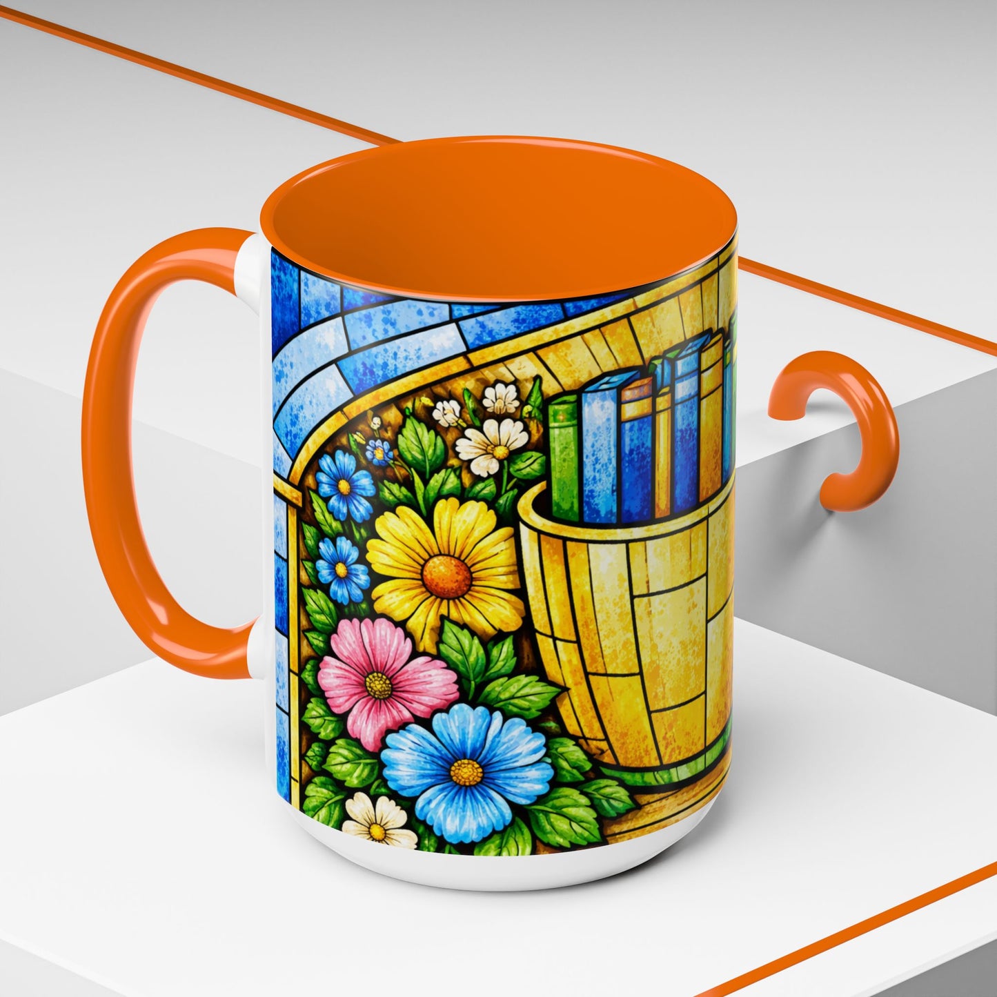 Stained Glass Garden Mug — Colorful Floral Book Basket Coffee Mug
