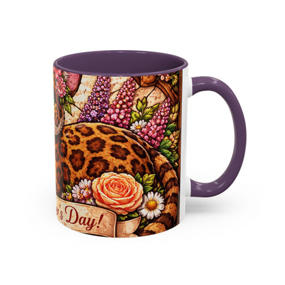 Mother's Day Cat Coffee Mug – Cute Floral Leopard Cat Accent Mug (11 oz)