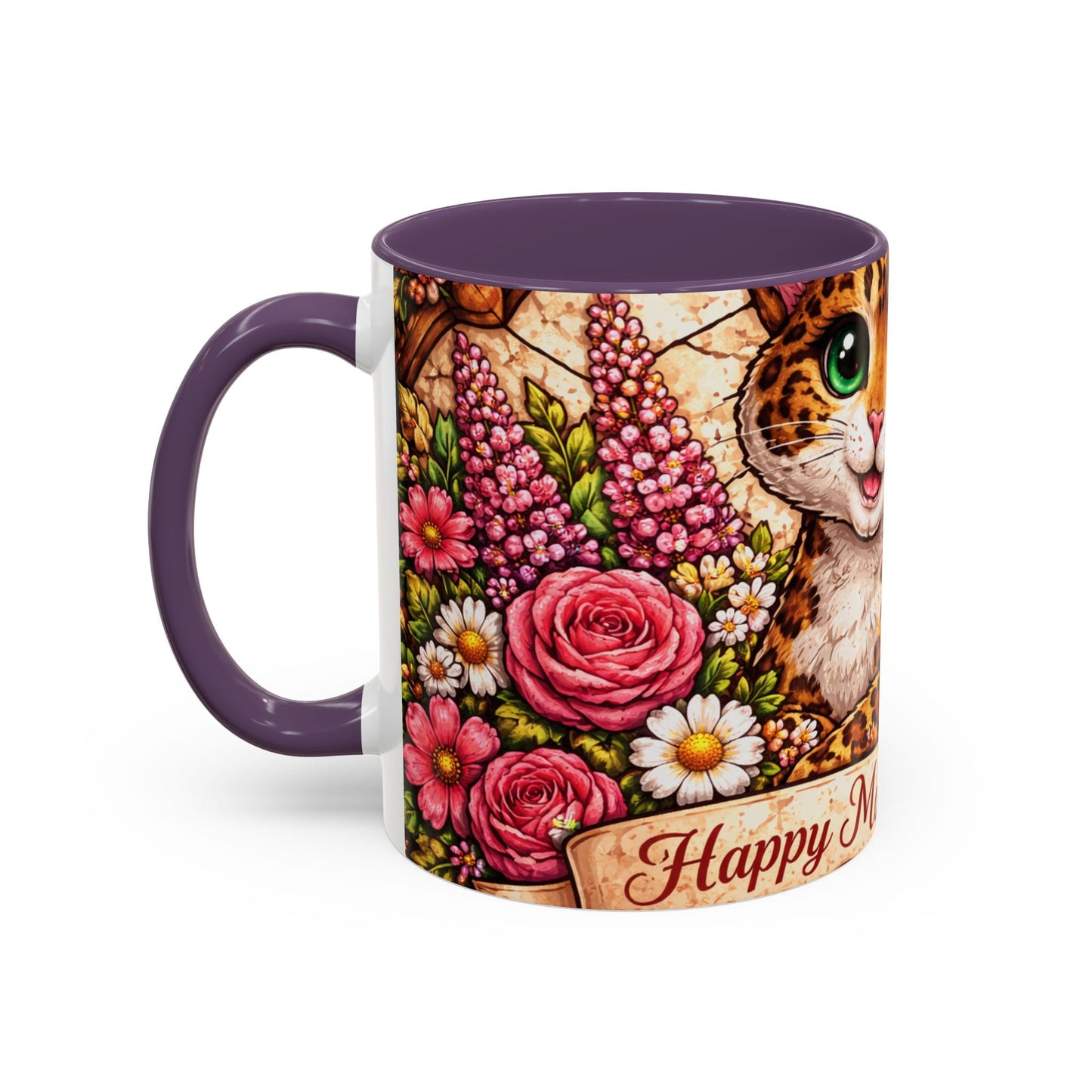 Mother's Day Cat Coffee Mug – Cute Floral Leopard Cat Accent Mug (11 oz)