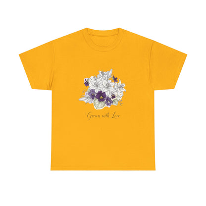 Floral 'Grow with Love' Tee — Botanical Pansy Bouquet T-Shirt