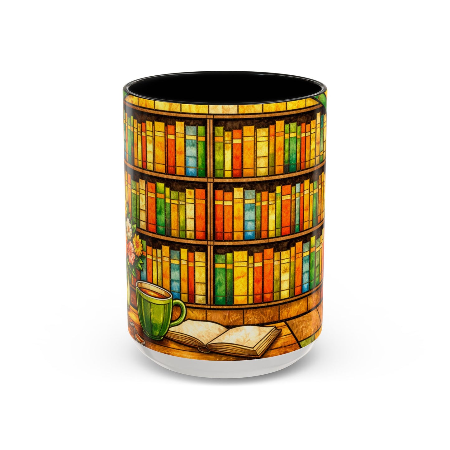 Booklover Coffee Mug – Stained Glass Library Accent Ceramic Mug