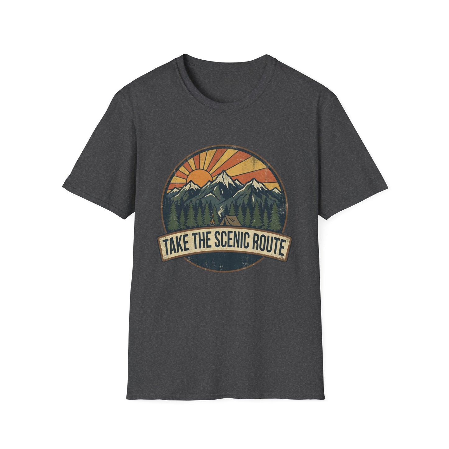 Take The Scenic Route T-Shirt — Vintage Mountain Sun Graphic Tee for Travelers & Hikers