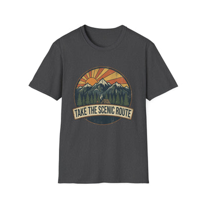 Take The Scenic Route T-Shirt — Vintage Mountain Sun Graphic Tee for Travelers & Hikers