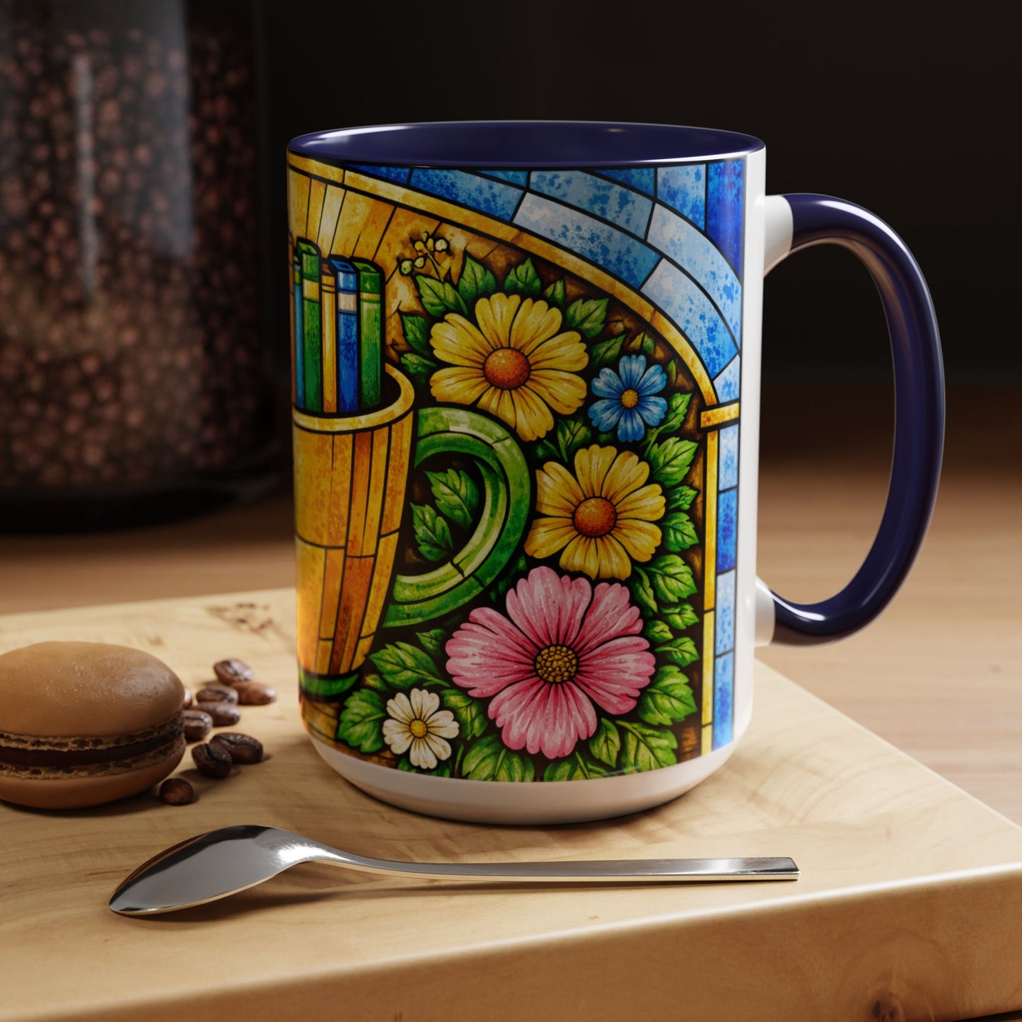 Stained Glass Garden Mug — Colorful Floral Book Basket Coffee Mug